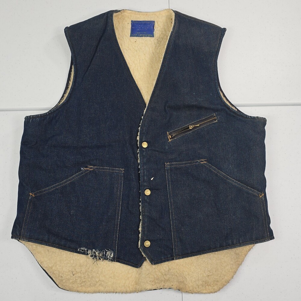 Vintage 70s Carter's Sherpa Lined Denim Jean Western Vest No Size Tag Men ~XL